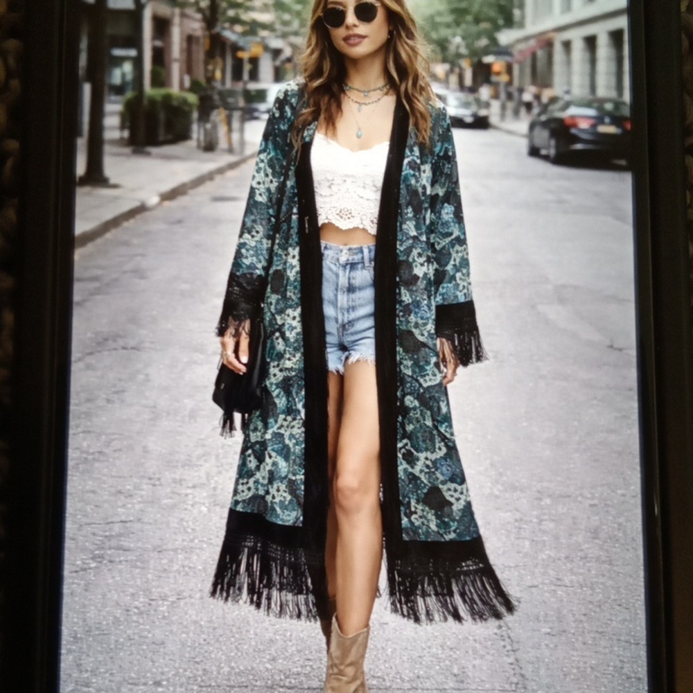 Black Swan Velvet Fringe Kimono in Teal and Black Floral Boho Viscose Blens L